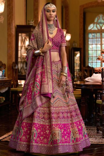 Great for Wedding Events Silk Rani Color Readymade Lehenga Choli With Sequins Details