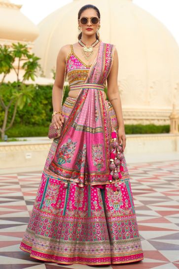 Elevate your Wedding Style Silk Readymade Lehenga Choli With Sequin Work In Rani Color