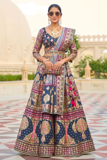 Elegant Silk Navy Blue Color Readymade Lehenga Choli With Sequins Work For Wedding