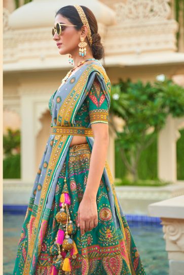 Exquisite Sequins Work Silk Cyan Color Readymade Lehenga Choli For Wedding