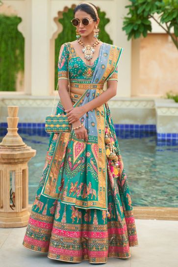Exquisite Sequins Work Silk Cyan Color Readymade Lehenga Choli For Wedding