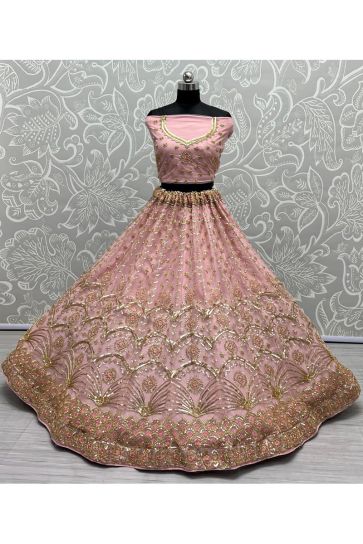 Glorious Pink Sequins Work Net Bridal Lehenga