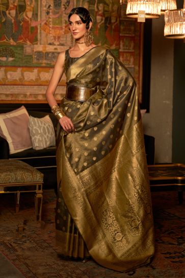 Brown Color Reception Wear Trendy Weaving Work Saree In Art Silk Fabric