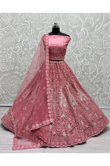 Pink Color Net Fabric Enticing Wedding Look Bridal Lehenga