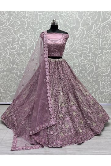 Lavender Color Net Fabric Wedding Look Embellished Bridal Lehenga