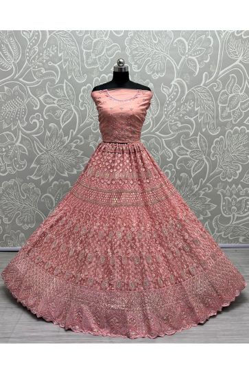 Pink Color Net Fabric Appealing Sequins Work Bridal Lehenga