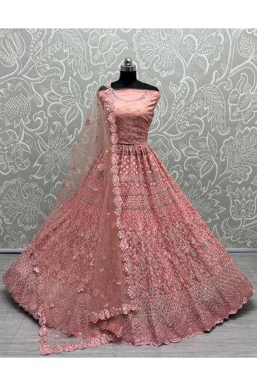 Pink Color Net Fabric Appealing Sequins Work Bridal Lehenga