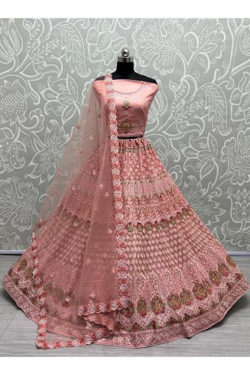 Net Fabric Peach Color Delicate Sequins Work Bridal Lehenga