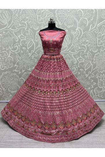 Pink Color Net Fabric Vintage Sequins Work Bridal Lehenga