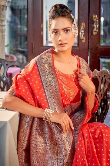 Red Color Silk Fabric Sangeet Wear Weaving Work Saree