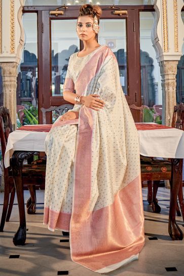 Beige Color Silk Fabric Weaving Work Function Wear Fancy Saree