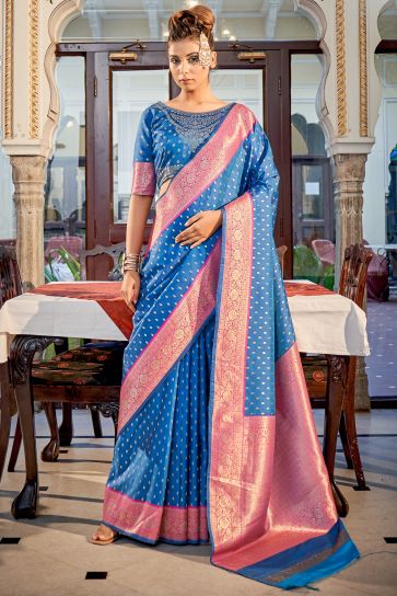 Silk Fabric Sky Blue Color Weaving Work Festive Wear Trendy Saree