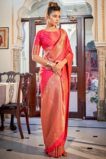 Pink Color Weaving Work Silk Fabric Sangeet Wear Saree
