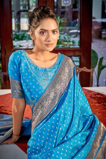 Weaving Work Silk Fabric Sangeet Wear Sky Blue Color Designer Saree
