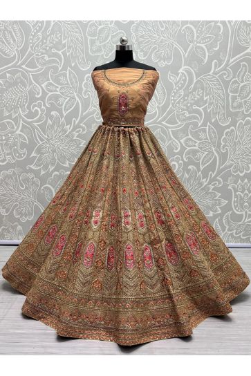Elegant Embroidered Bridal Net Fabric Wedding Lehenga in Peach Color