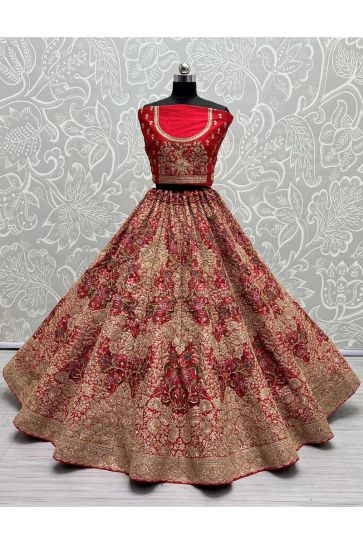 Silk Fabric Dazzling Embroidered Bridal Lehenga in Red Color For Wedding
