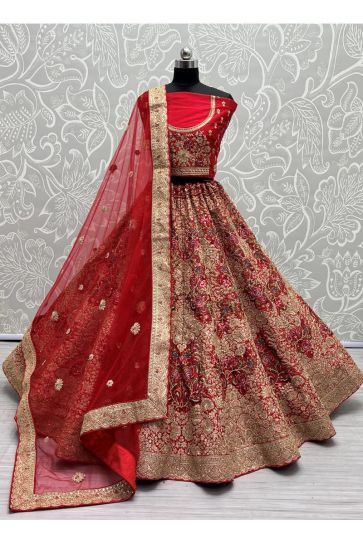 Silk Fabric Dazzling Embroidered Bridal Lehenga in Red Color For Wedding