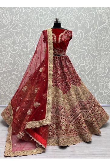 Elegant Velvet Fabric Wedding Bridal Lehenga in Red Color With Embroidered Work
