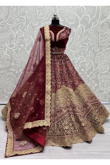 Wedding Wear Velvet Fabric Embroidered Bridal Lehenga in Vibrant Maroon Color