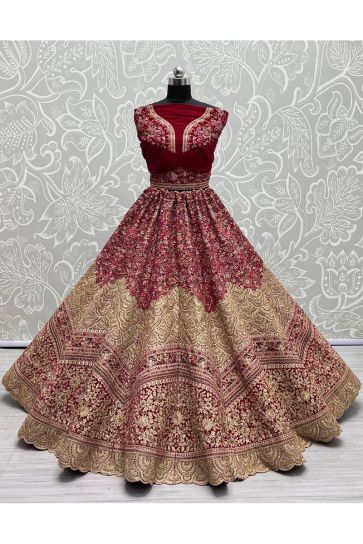 Luxurious Grand Wedding Bridal Embroidered Velvet Fabric Lehenga in Pink Color