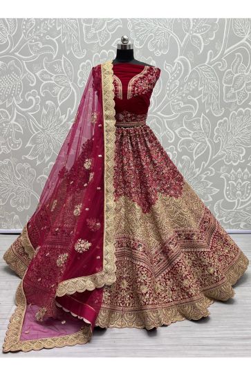 Luxurious Grand Wedding Bridal Embroidered Velvet Fabric Lehenga in Pink Color