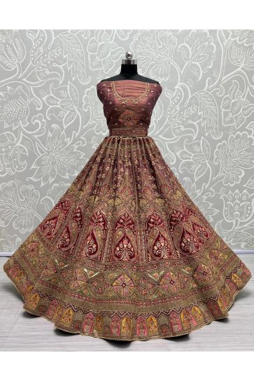 Embellished Heavy Look Embroidered Work On Purple Color Net Fabric Bridal Lehenga Choli