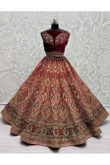 Maroon Color Velvet Fabric Heavy Embroidered Bridal Look Lehenga Choli