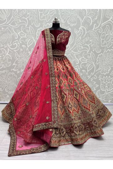 Pink Color Heavy Look Embroidered Work On Velvet Fabric Beatific Bridal Lehenga Choli