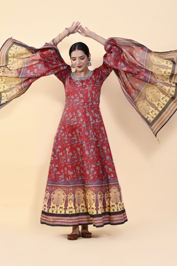 Art Silk Fabric Printed Red Color Glorious Long Readymade Gown With Dupatta In Function Wear