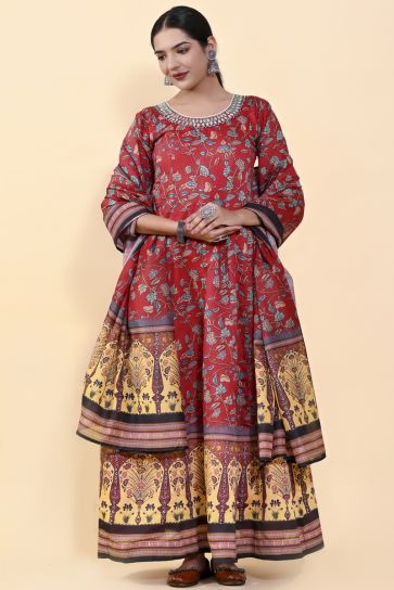 Art Silk Fabric Printed Red Color Glorious Long Readymade Gown With Dupatta In Function Wear