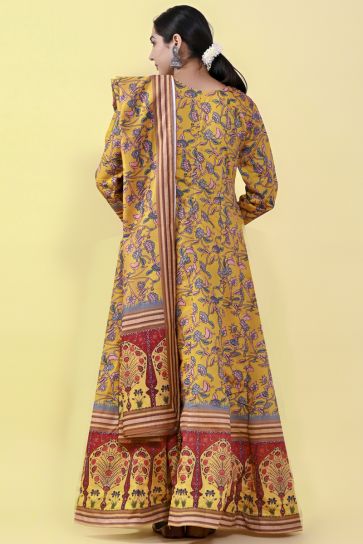 Function Wear Printed Yellow Color Glorious Readymade Long Gown In Art Silk Fabric 