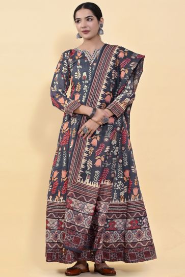 Art Silk Fabric Printed Function Wear Luminous Readymade Long Gown In Navy Blue Color 