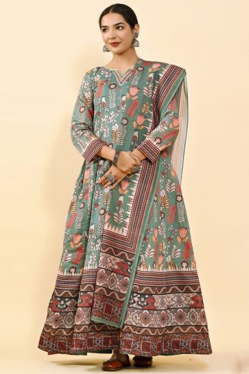 Art Silk Fabric Function Wear Charismatic Readymade Long Gown In Sea Green Color In Printed 