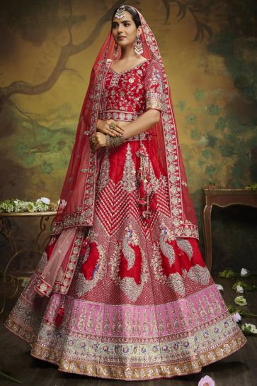 Engaging Red Color Silk Fabric Heavy Look Embroidered Work Bridal Lehenga Choli