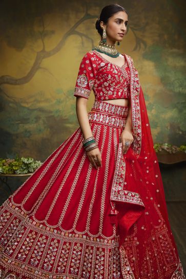Tempting Silk Fabric Red Color Bridal Lehenga Choli With Heavy Look Embroidered Work