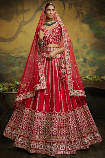 Tempting Silk Fabric Red Color Bridal Lehenga Choli With Heavy Look Embroidered Work