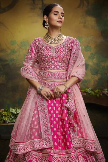 Silk Fabric Bridal Look Designer Lehenga Choli In Rani Color