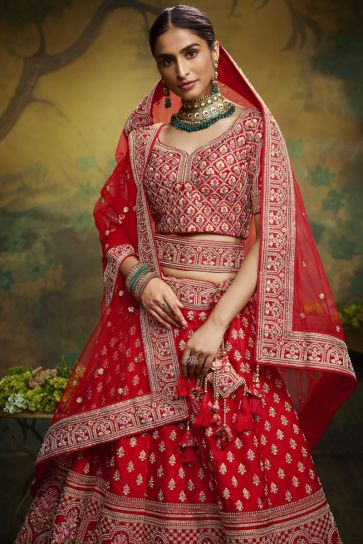 Heavy Embroidered Red Color Bridal Look Lehenga Choli In Silk Fabric