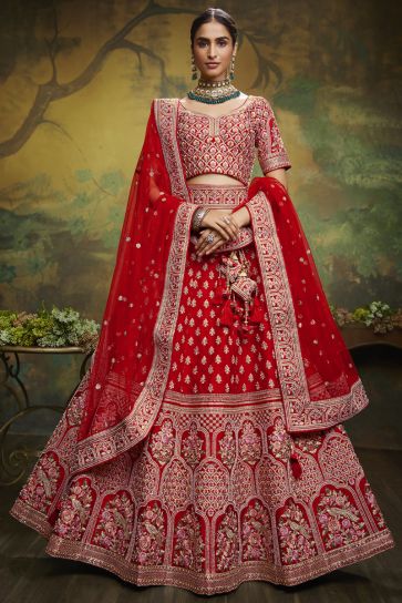 Heavy Embroidered Red Color Bridal Look Lehenga Choli In Silk Fabric