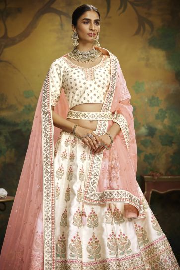 Beige Color Silk Fabric Heavy Embroidered Bridal Lehenga Choli