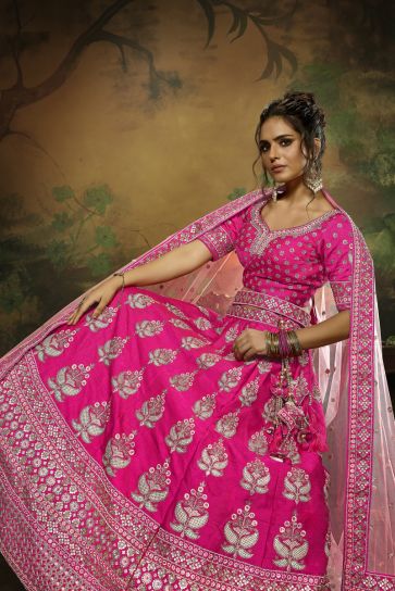 Rani Color Silk Fabric Heavy Embroidered Bridal Look Lehenga Choli