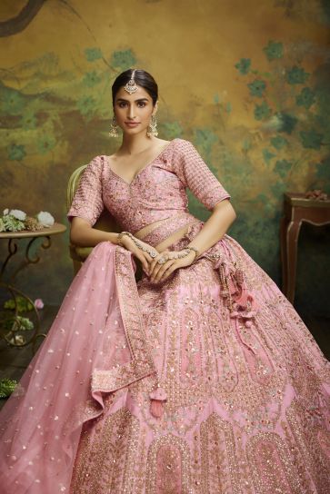 Silk Fabric Pink Color Bridal Lehenga Choli With Heavy Look Embroidered Work