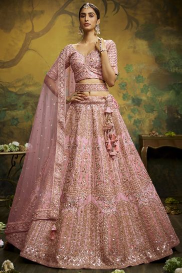 Silk Fabric Pink Color Bridal Lehenga Choli With Heavy Look Embroidered Work