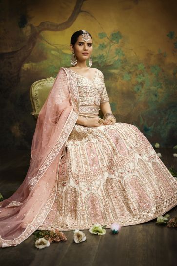 Beige Color Embroidered Work On Silk Fabric Beatific Bridal Lehenga Choli