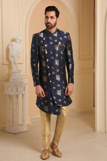 Navy Blue Color Jacquard Silk Sangeet Wear Readymade Indo Western For Men