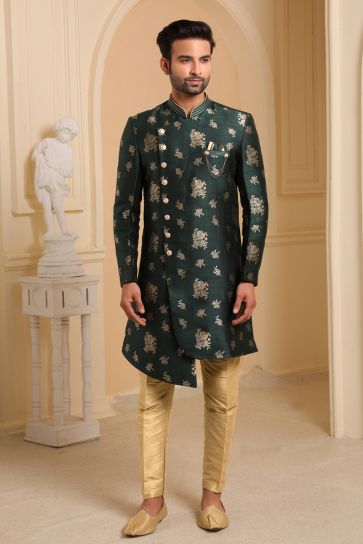 Green Color Jacquard Silk Wedding Wear Readymade Indo Western For Men
