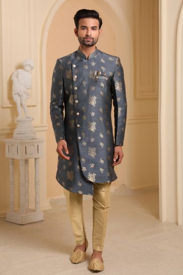 Grey Color Jacquard Silk Reception Wear Readymade Indo Western For Men