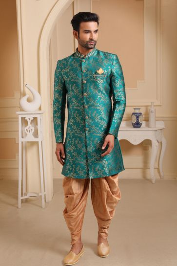 Cyan Color Jacquard Silk Sangeet Wear Readymade Indo Western For Men