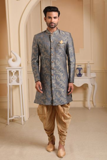 Grey Jacquard Silk Wedding Wear Readymade Indo Western For Men