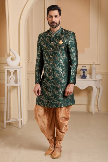 Green Color Jacquard Silk Reception Wear Readymade Indo Western For Men